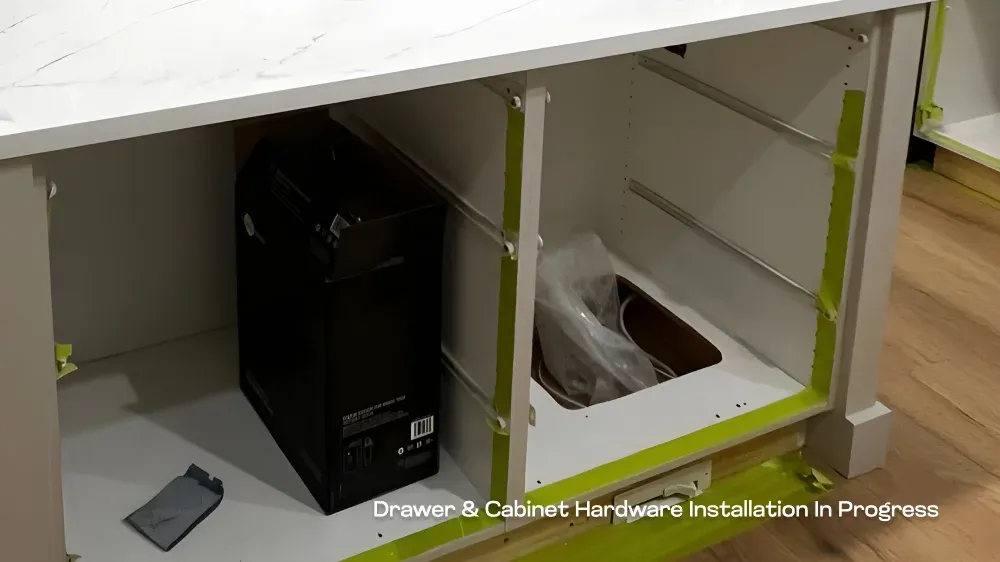 In-progress installation of soft-close drawer tracks and cabinet hardware inside a custom kitchen island.