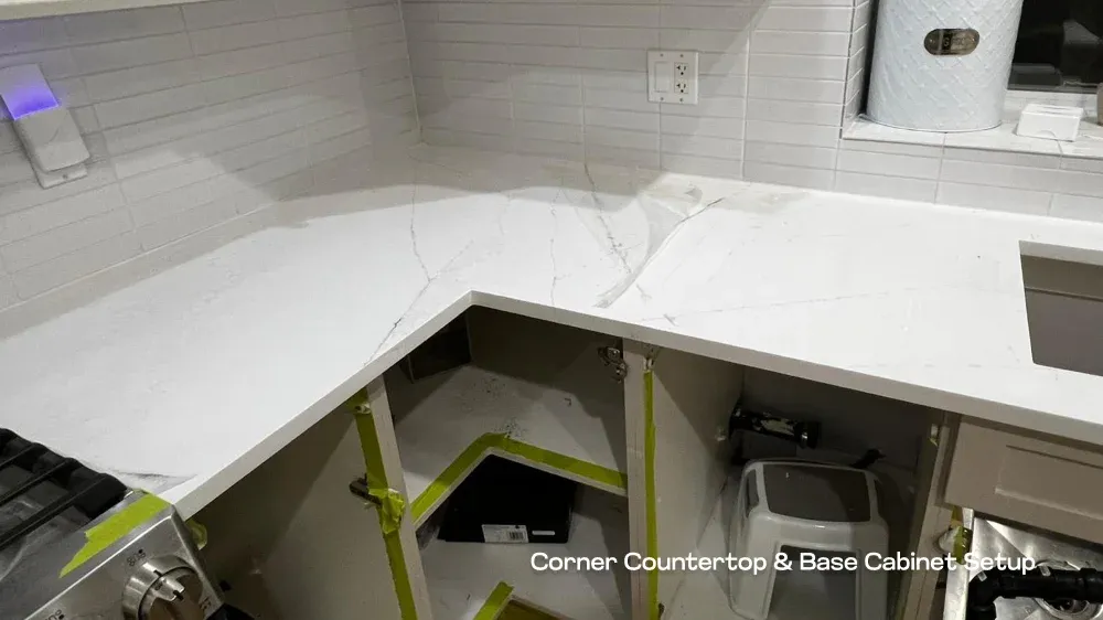 Custom corner quartz countertop installed over base cabinets during a residential kitchen renovation.