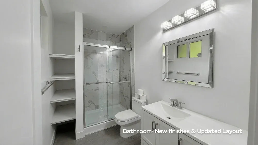 Renovated bathroom featuring a marble-look tile shower with sliding glass doors, a white vanity, and a four-light vanity fixture with square textured glass shades.
