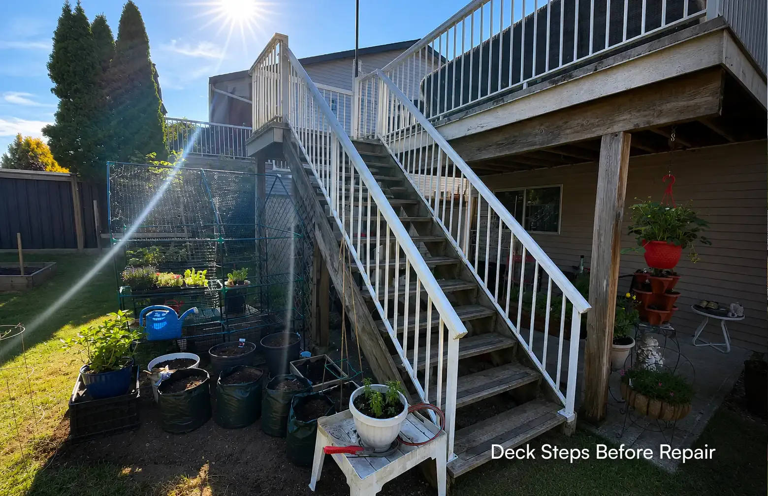 Full view of weathered wooden deck stairs and white metal railings requiring repair in a Maple Ridge backyard, before exterior renovation by Pacific Coast Contracting (PCC).
