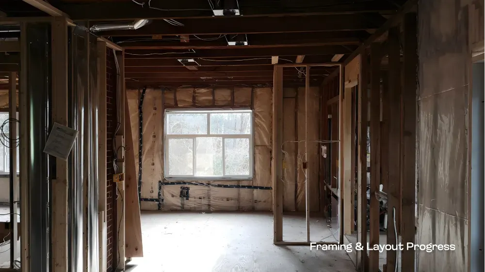 Detail view of a home renovation framing layout and new wall installation in progress by Pacific Coast Contracting. — before