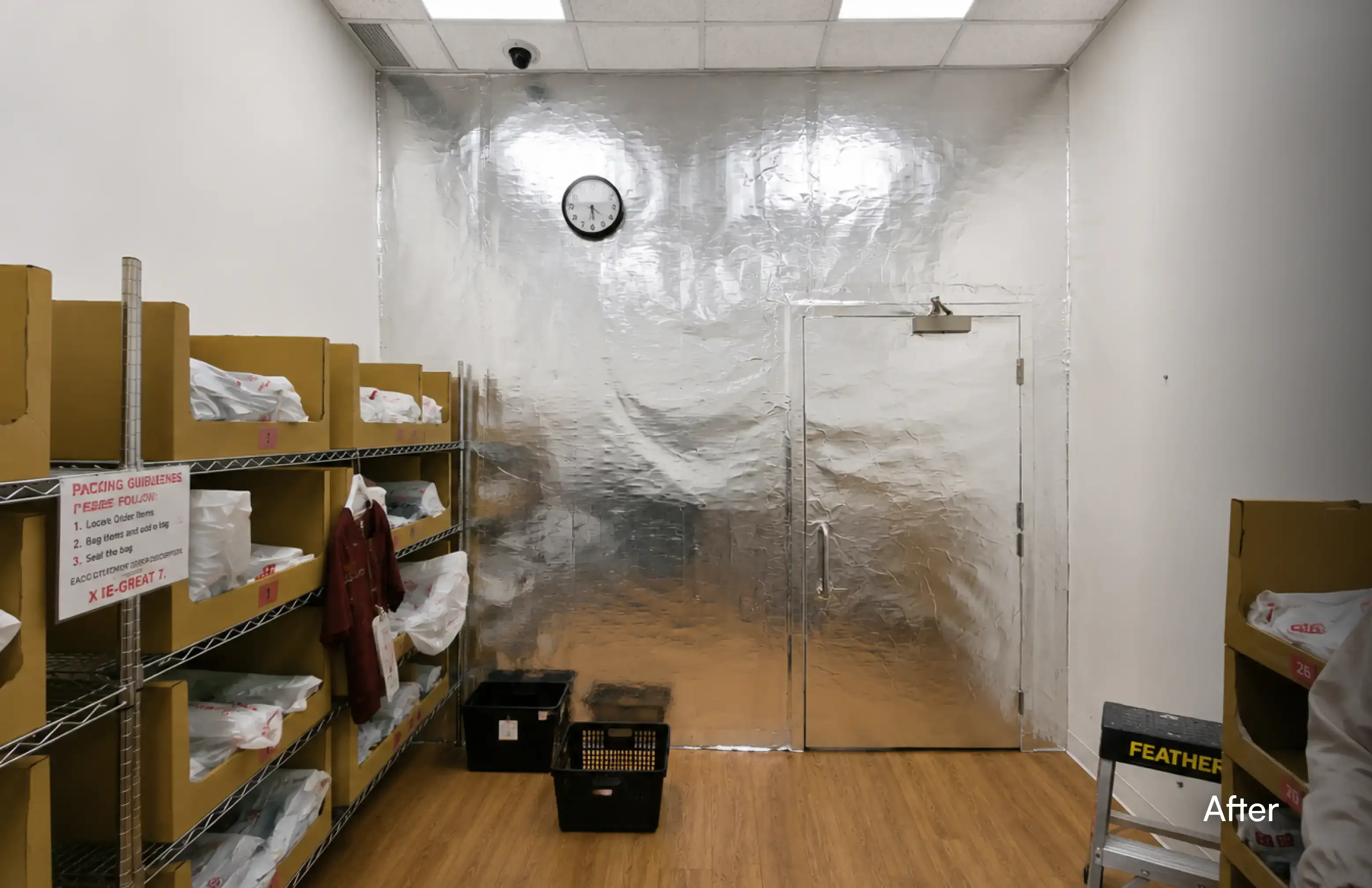 After photo of a completed commercial interior renovation by PCC - Pacific Coast Contracting, showcasing a retail stockroom wall and door fully covered in specialized silver RFID shielding material. — after