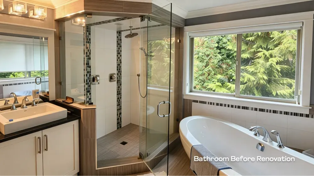 Before photo of a master bathroom in Port Coquitlam featuring an outdated shower and tub, prior to a full renovation by Pacific Coast Contracting.