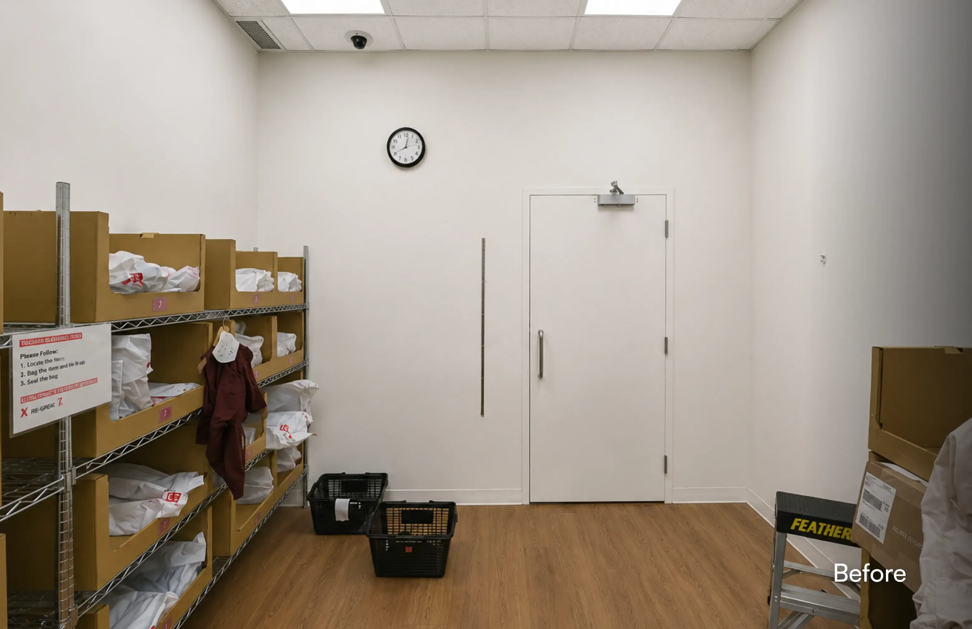 Before photo of a retail stockroom in Coquitlam with plain white walls and a standard door, prior to a commercial RFID shielding installation by Pacific Coast Contracting (PCC). — before